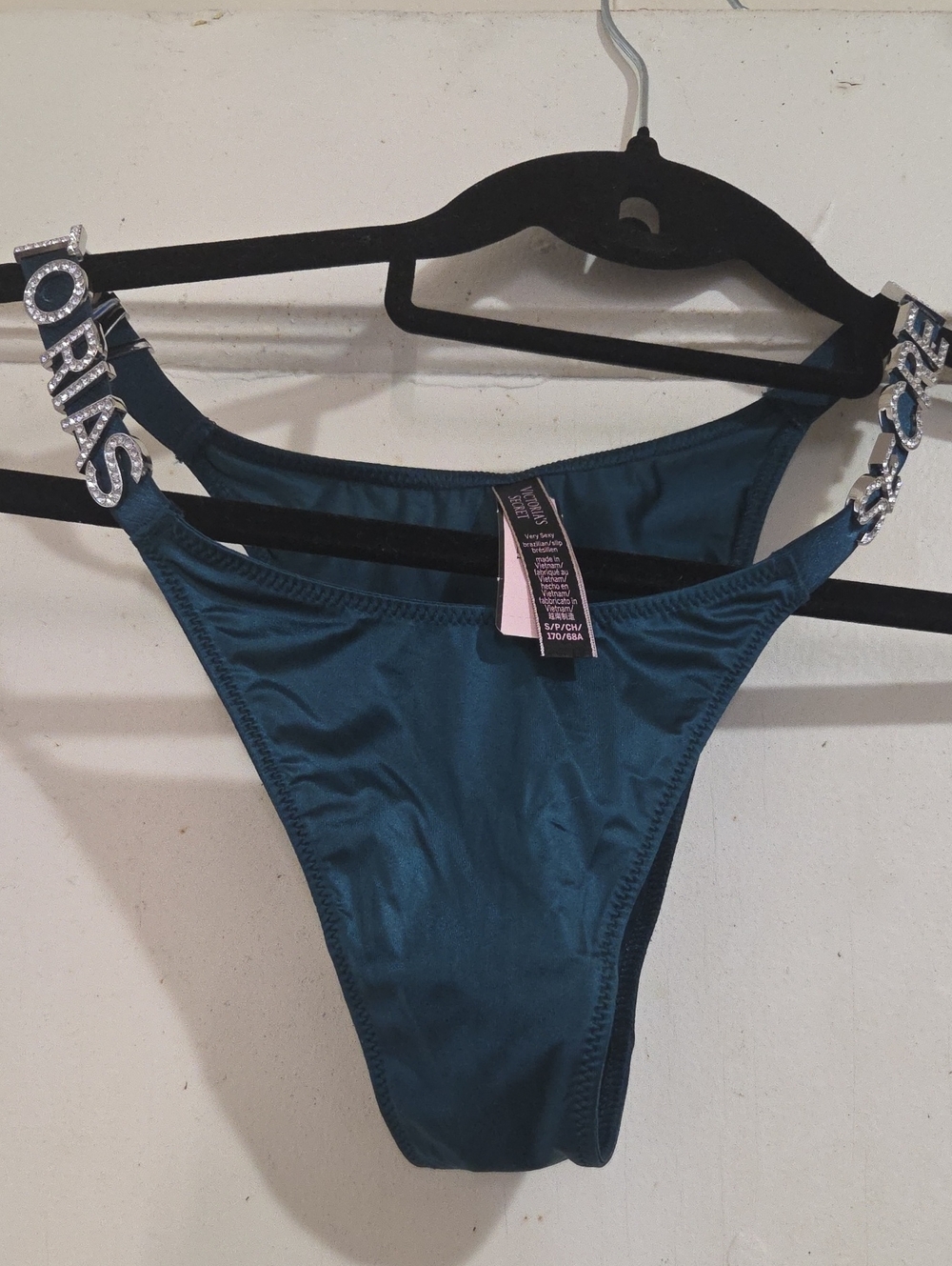 Victoria's Secret Teal Bikini Thong with Rhinestone Logo Straps